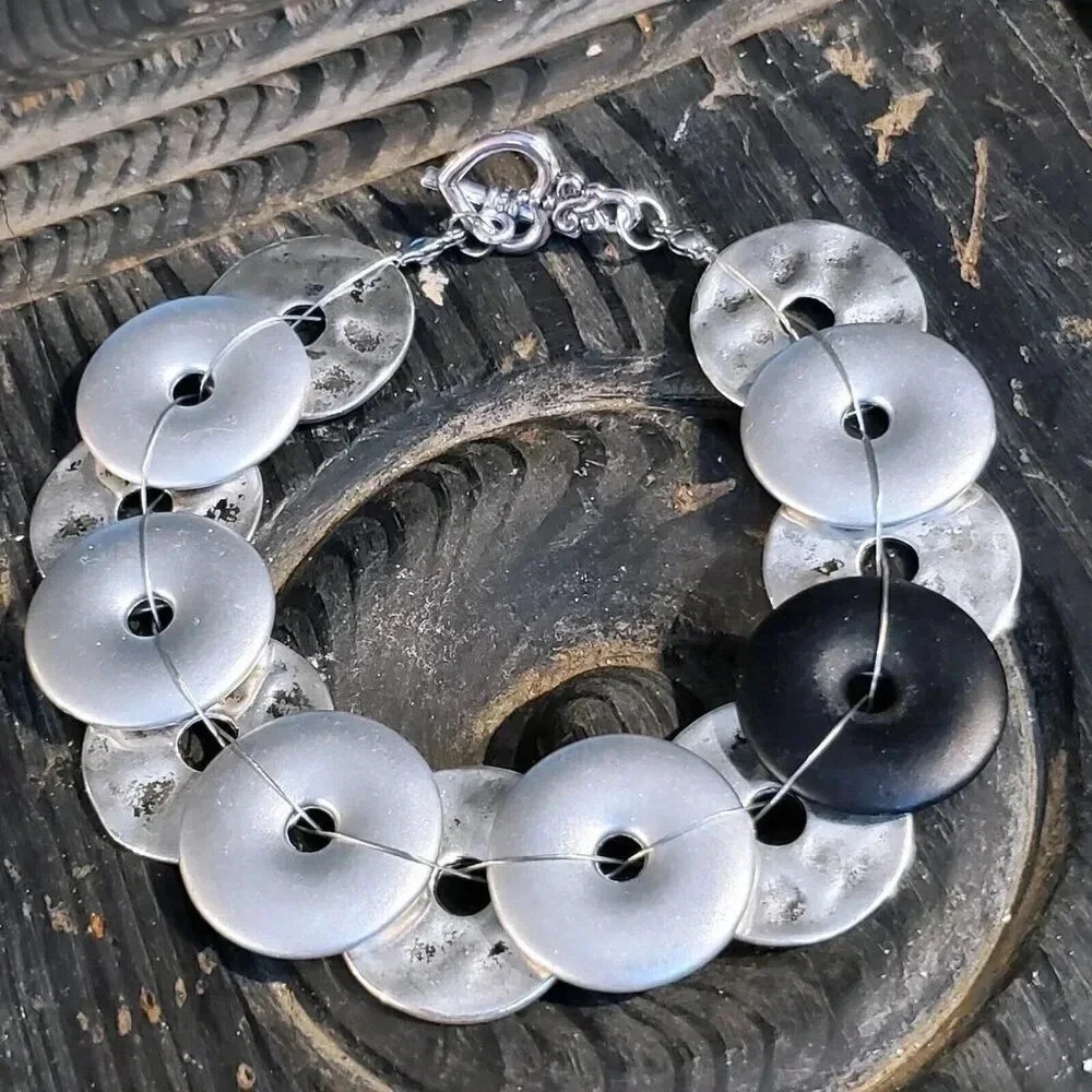 Mid Century Modern Style Handcrafted Silver Black Satin Disc Beads Bracelet